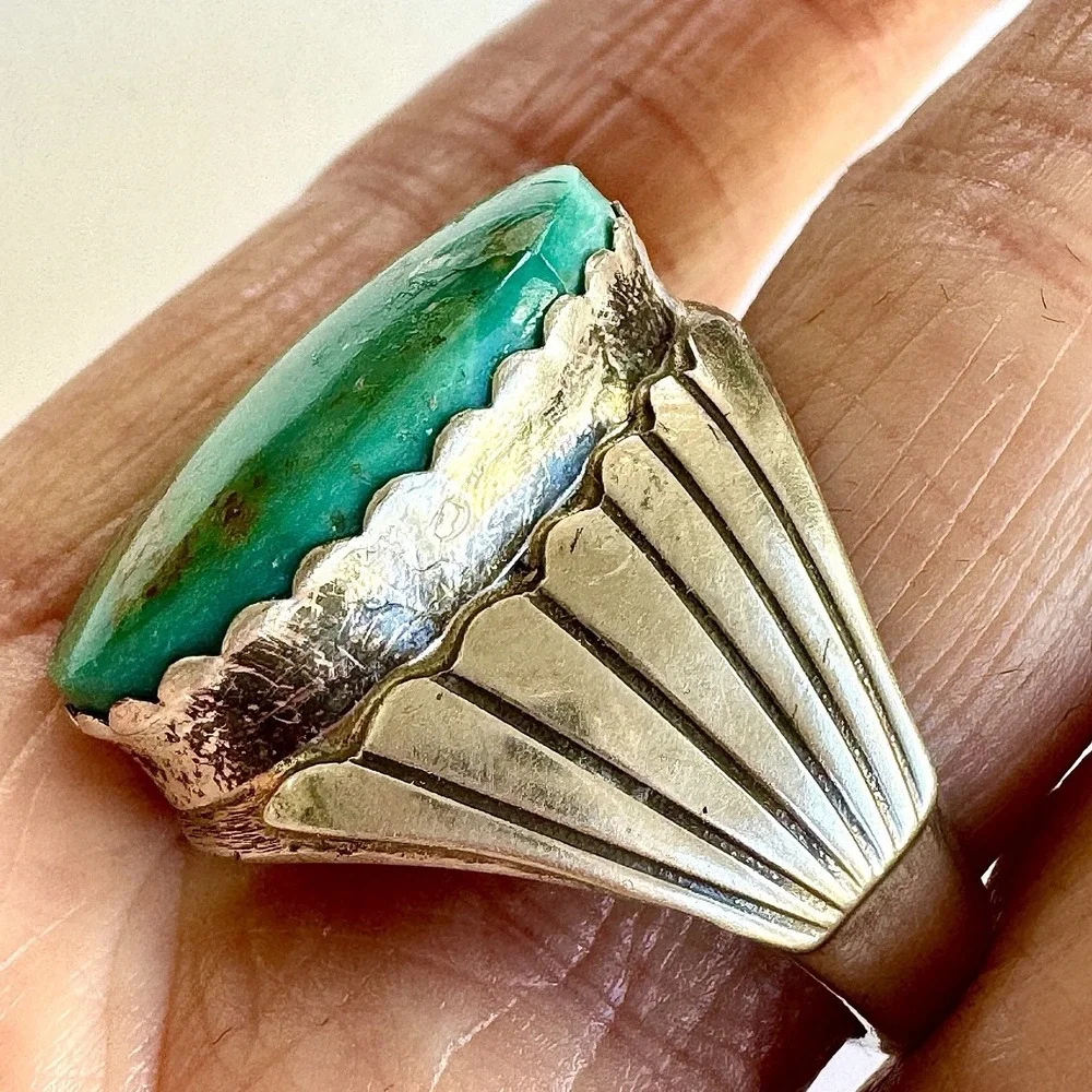 Big Navajo Mens Turquoise‎ Ring Sz 11 Signed Alvery Smith Fans 23g Band Oval